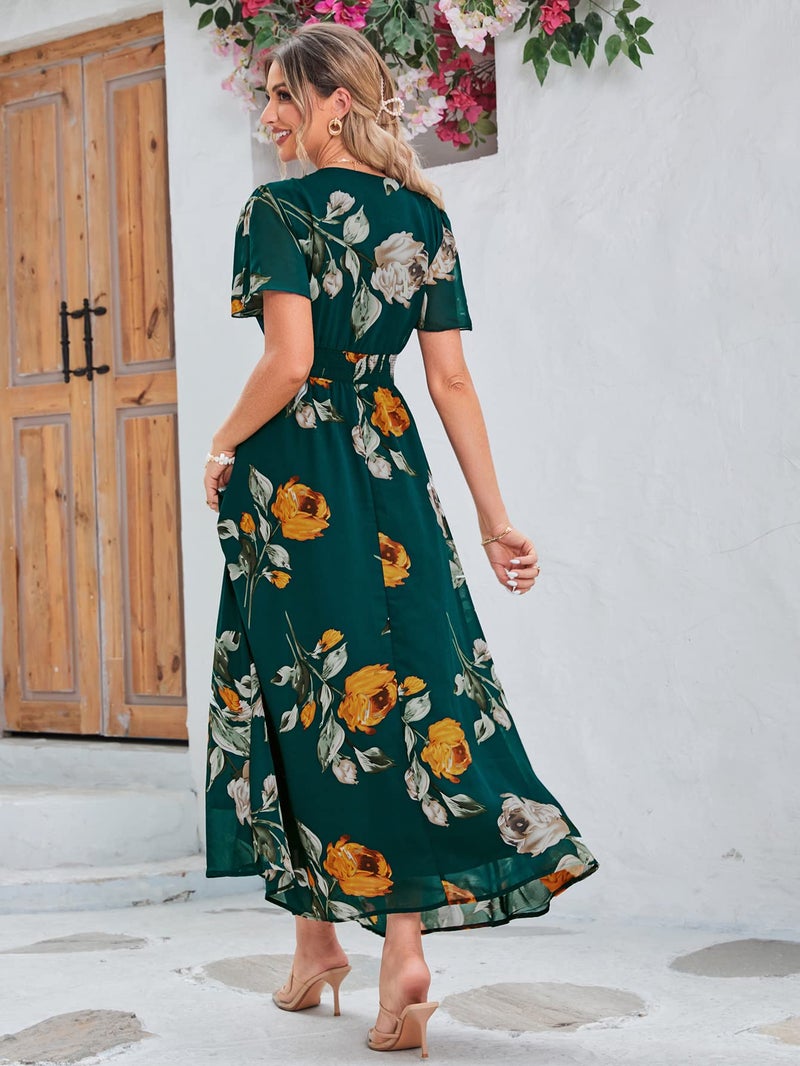 Simplee Apparel Simplee Women Casual Boho Floral Maxi Dress Flowy Long Wedding Guest Dress Holiday Beach V Neck Short Sleeve Maternity Dresses (XL Emerald Green) - Image 4