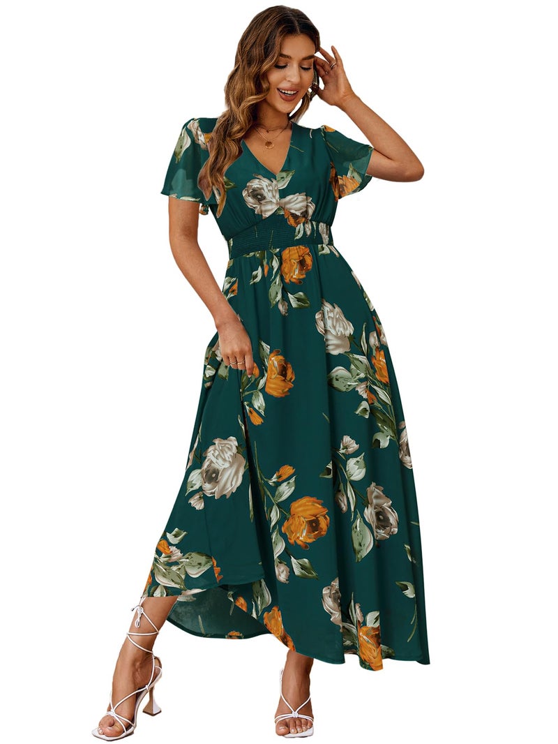 Simplee Apparel Simplee Women Casual Boho Floral Maxi Dress Flowy Long Wedding Guest Dress Holiday Beach V Neck Short Sleeve Maternity Dresses (XL Emerald Green) - Image 1