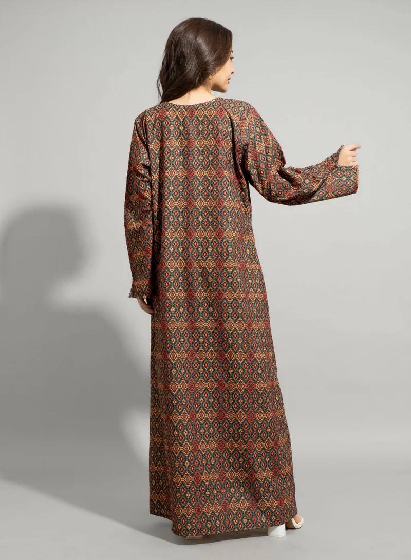 اكسا جلابية عصرية نقوش تجريدي IN9218 بني