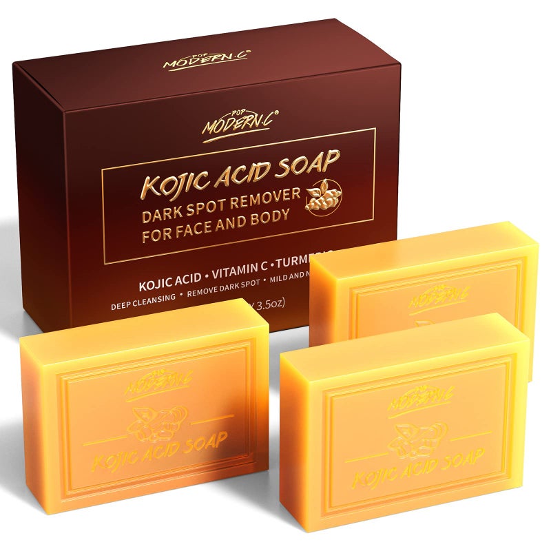 POP MODERN.C Kojic Acid Soap Turmeric Soap Dark Spot Remover for Face and Body Bath Soap Lightening Moisturizing Even out Tone Skin Vitamins C for Acne Blackheads Remover 3x100g - Image 1