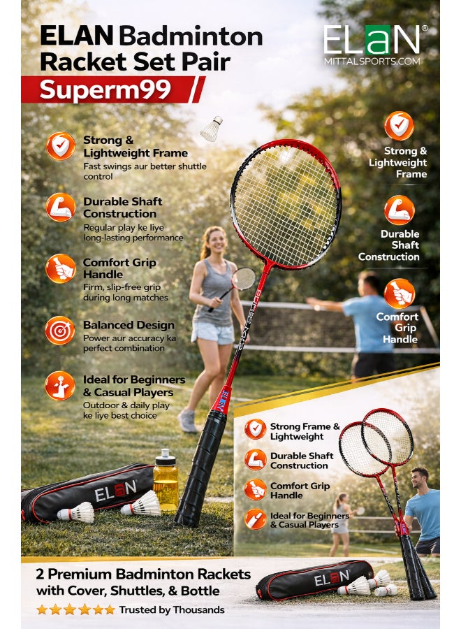 Elan Badminton Racket Set Pair SuperM99 – 2 Player Badminton Racquet Combo Set with Durable Frames and Comfort Grips for Training and Recreational Play - Image 4