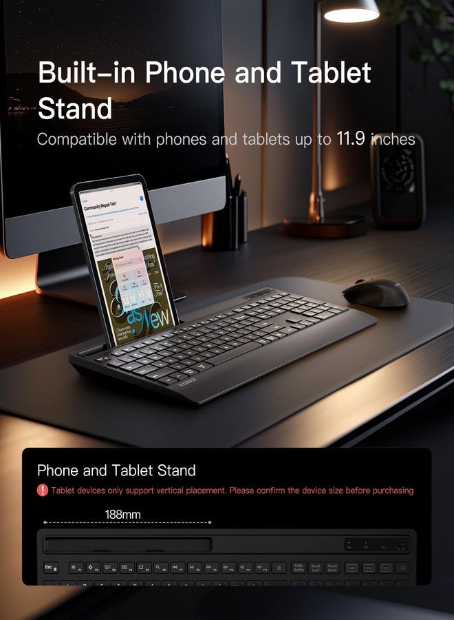 Inateck Wireless Keyboard and Mouse Combo, Full-Size Keyboard with Wrist Rest, Phone Holder, 2.4 GHz Wireless/Bluetooth Silent Mouse and Keyboard, Compatible with Computer, Laptop, PC, Mac, Windows - Image 2