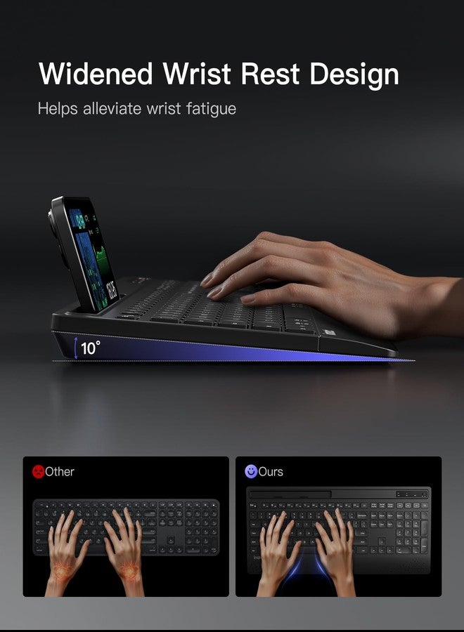 Inateck Wireless Keyboard and Mouse Combo, Full-Size Keyboard with Wrist Rest, Phone Holder, 2.4 GHz Wireless/Bluetooth Silent Mouse and Keyboard, Compatible with Computer, Laptop, PC, Mac, Windows - Image 3