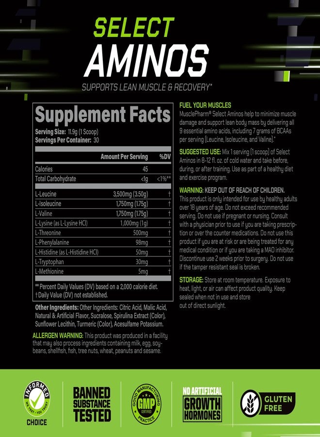 MusclePharm Select Amino's EAA + BCAAs, Post Workout Essential Amino Acids Powder, Pre Workout Energy Supplement for Men & Women with Branched Chain Amino Acids, 30 Servings (Sour Candy) - Image 3