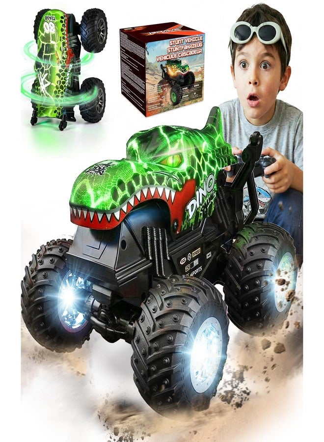 BEZGAR 1:20 Monster Truck Toys, 360°Stunt RC Cars Rotation Dinosaur Toys with Music, 2 Batteries and Wireless LED Strobe Lights, Remote Control Car for Boys 4 5 6 7 8 9 Years Old(Green) - Image 1