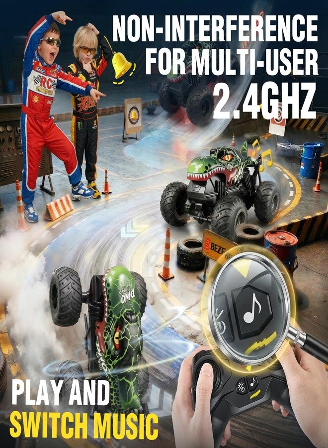 BEZGAR 1:20 Monster Truck Toys, 360°Stunt RC Cars Rotation Dinosaur Toys with Music, 2 Batteries and Wireless LED Strobe Lights, Remote Control Car for Boys 4 5 6 7 8 9 Years Old(Green) - Image 4