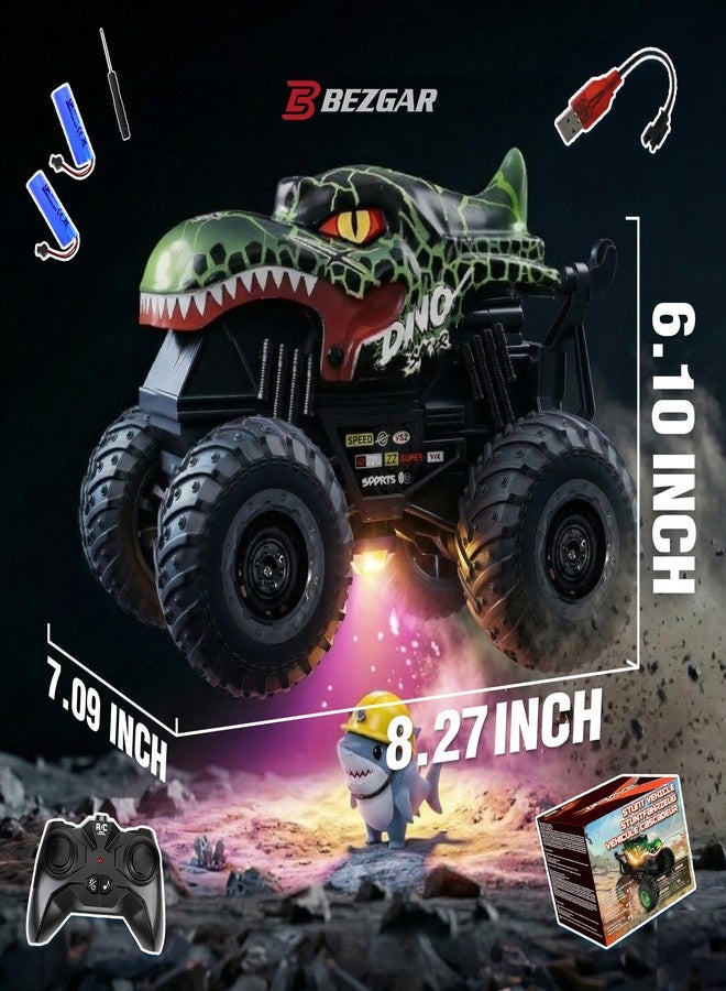 BEZGAR 1:20 Monster Truck Toys, 360°Stunt RC Cars Rotation Dinosaur Toys with Music, 2 Batteries and Wireless LED Strobe Lights, Remote Control Car for Boys 4 5 6 7 8 9 Years Old(Green) - Image 5