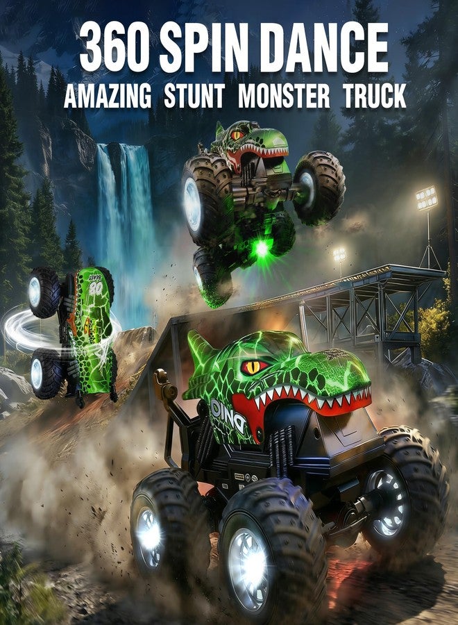 BEZGAR 1:20 Monster Truck Toys, 360°Stunt RC Cars Rotation Dinosaur Toys with Music, 2 Batteries and Wireless LED Strobe Lights, Remote Control Car for Boys 4 5 6 7 8 9 Years Old(Green) - Image 3