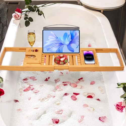 Artmalle Luxury Bathtub Caddy Tray for Tub - Foldable Bamboo Bath Table Tray with Book and Wine Glass Holder, Expandable Bathroom Accessories for Spa or Reading Lite Style - Image 4