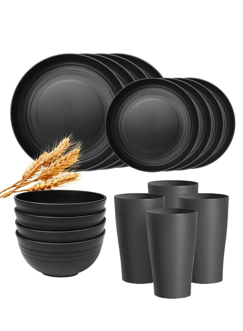 16 Pieces Dinner Set Plastic Wheat Straw Dinnerware Set Plates and Bowls Set for 4 People Unbreakable Modern Dish Set Dessert Plate Cereal Bowl Cup for Kitchen Outdoor Camping Black - Image 1