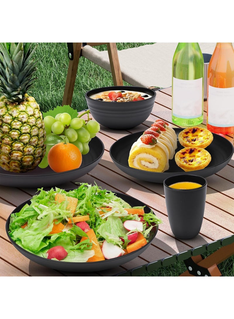16 Pieces Dinner Set Plastic Wheat Straw Dinnerware Set Plates and Bowls Set for 4 People Unbreakable Modern Dish Set Dessert Plate Cereal Bowl Cup for Kitchen Outdoor Camping Black - Image 2
