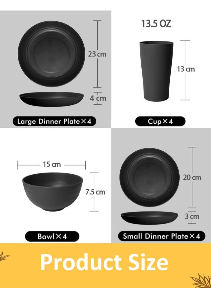 16 Pieces Dinner Set Plastic Wheat Straw Dinnerware Set Plates and Bowls Set for 4 People Unbreakable Modern Dish Set Dessert Plate Cereal Bowl Cup for Kitchen Outdoor Camping Black - Image 3