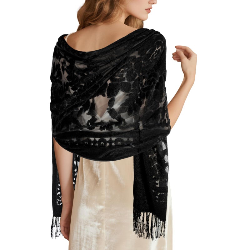 E-Clover Black Women Velvet Scarfs Shawls and Wraps for Evening Dresses Wedding Shawl Wraps Tassel - Image 1
