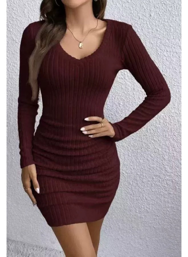 general 2025-2026 A-line skirt women's dress with ribbed V-neck and fitted long sleeves - Image 1