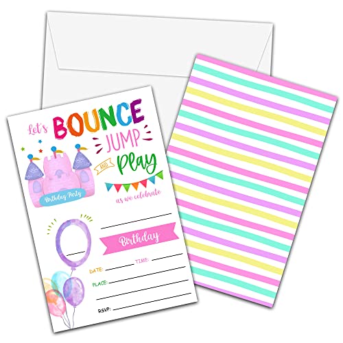 Foosproea Bounce House Birthday Invitations with Envelopes - Jump Trampoline Party Invitation Card for Girls/Boys - Blush Pink Fill-in Invites Cards - Let's Jump Party Celebration (20 Pack)-01 - Image 1