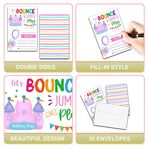 Foosproea Bounce House Birthday Invitations with Envelopes - Jump Trampoline Party Invitation Card for Girls/Boys - Blush Pink Fill-in Invites Cards - Let's Jump Party Celebration (20 Pack)-01 - Image 3