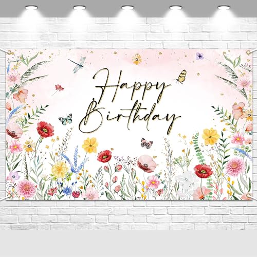 Avezano Wildflower Birthday Backdrop Girls Floral Birthday Banner Spring Wildflower Party Decorations Background 6 x 36 ft - Image 1