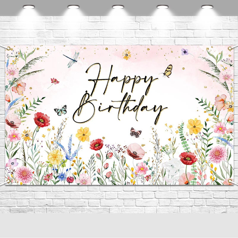 Avezano Wildflower Birthday Backdrop Girls Floral Birthday Banner Spring Wildflower Party Decorations Background 6 x 36 ft - Image 2