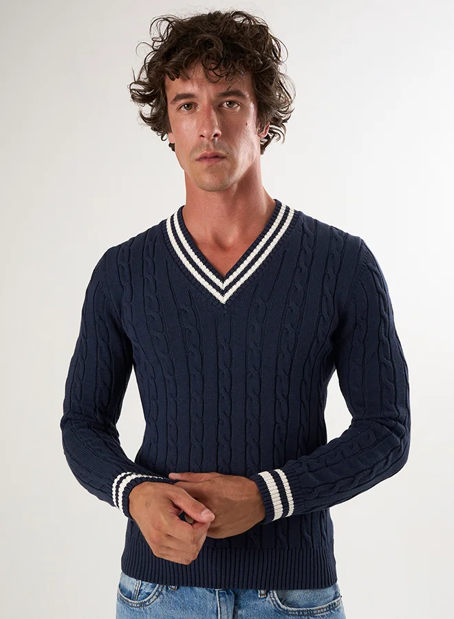 FELIX HARDY V-Neck Basic Cable Knit Pullover