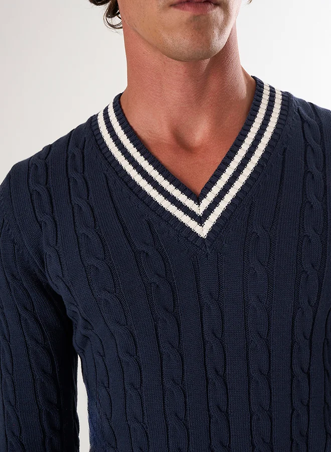 FELIX HARDY V-Neck Basic Cable Knit Pullover