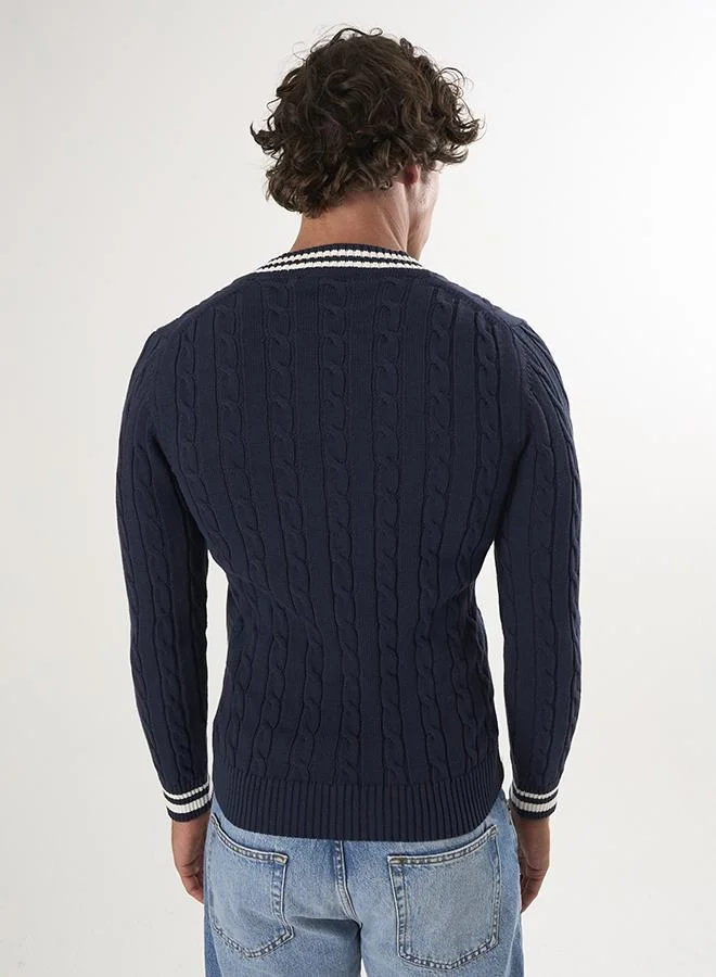 FELIX HARDY V-Neck Basic Cable Knit Pullover