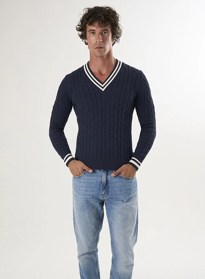 FELIX HARDY V-Neck Basic Cable Knit Pullover