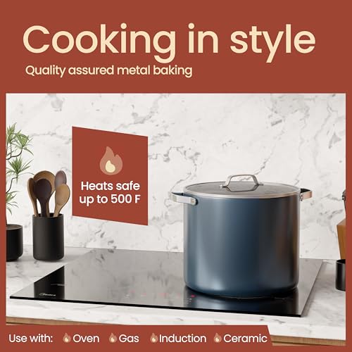 BAKKENMASTER Bakken 12.5 Quart Ceramic Coated Stock Pot with Lid, Easy Clean Nonstick Pot, Tempered Glass Lid, Riveted Stainless Steel Handles, Oven Safe Up To 500°F, PTFE & PFAS Free, All Stove Compatible, Blue - Image 3