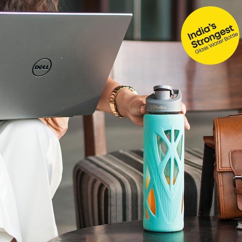 TintBox Glass Water Bottle with Protective Silicone Cover | Glass Water Bottle for Fridge, Home, Office, Gym, Travel | BPA Free | Lightning Grey & Cool Green (750 Ml)- Pack of 2 - Image 4