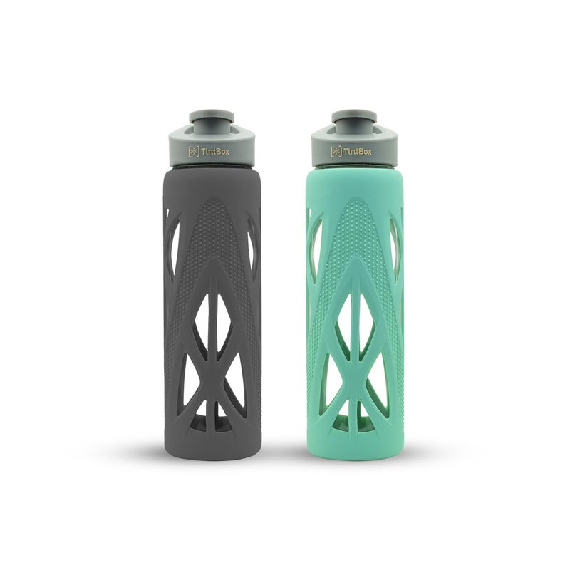 TintBox Glass Water Bottle with Protective Silicone Cover | Glass Water Bottle for Fridge, Home, Office, Gym, Travel | BPA Free | Lightning Grey & Cool Green (750 Ml)- Pack of 2 - Image 1