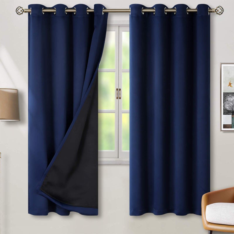 BGment Thermal Insulated 100 Blackout Curtains for Bedroom with Black Liner Double Layer Full Room Darkening Noise Reducing Grommet Curtain 52 x 72 Inch Navy Blue 2 Panels