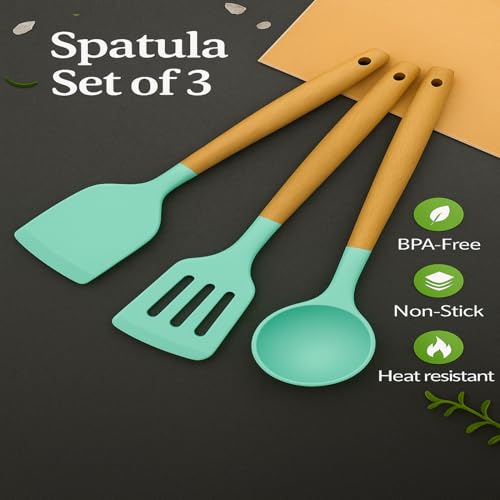 Sakoraware Silicone Spatula Set with Wooden Handle Kitchen Tools Mixing | Serving Cooking Spoon | Turner | Soup Ladle | Non-Stick | BPA Free Kitchen Tools Set of 3 (Black) - Image 3