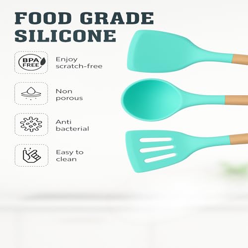 Sakoraware Silicone Spatula Set with Wooden Handle Kitchen Tools Mixing | Serving Cooking Spoon | Turner | Soup Ladle | Non-Stick | BPA Free Kitchen Tools Set of 3 (Black) - Image 5