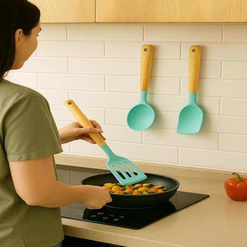 Sakoraware Silicone Spatula Set with Wooden Handle Kitchen Tools Mixing | Serving Cooking Spoon | Turner | Soup Ladle | Non-Stick | BPA Free Kitchen Tools Set of 3 (Black) - Image 4
