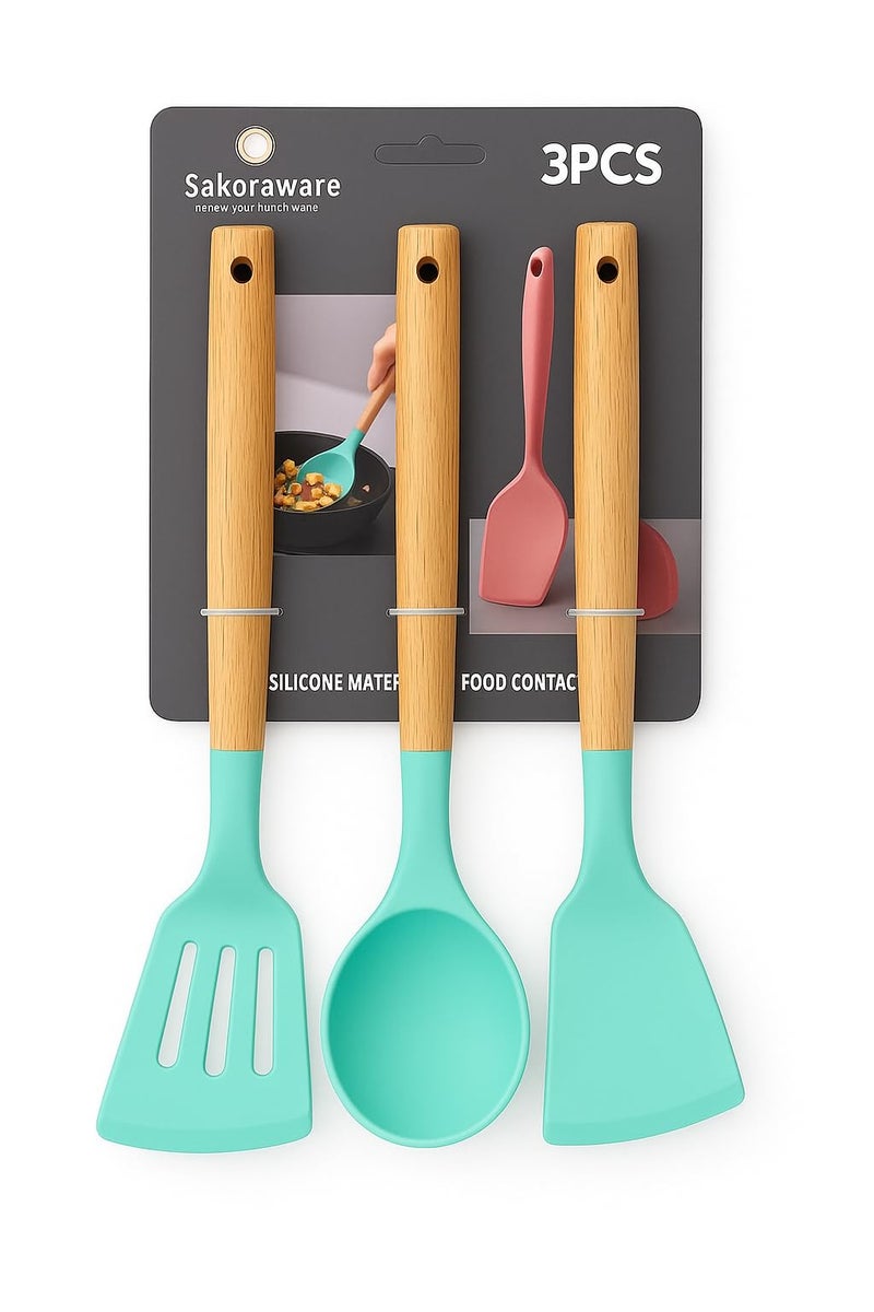 Sakoraware Silicone Spatula Set with Wooden Handle Kitchen Tools Mixing | Serving Cooking Spoon | Turner | Soup Ladle | Non-Stick | BPA Free Kitchen Tools Set of 3 (Black) - Image 1