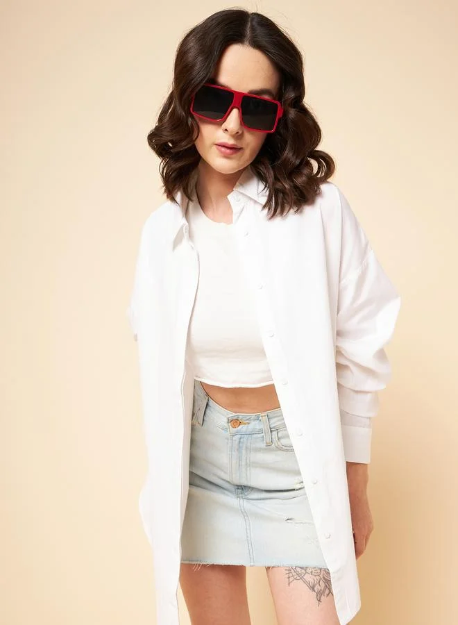 هاي ستار Women'S White 100% Cotton Solid Pattern Button Down Shirt