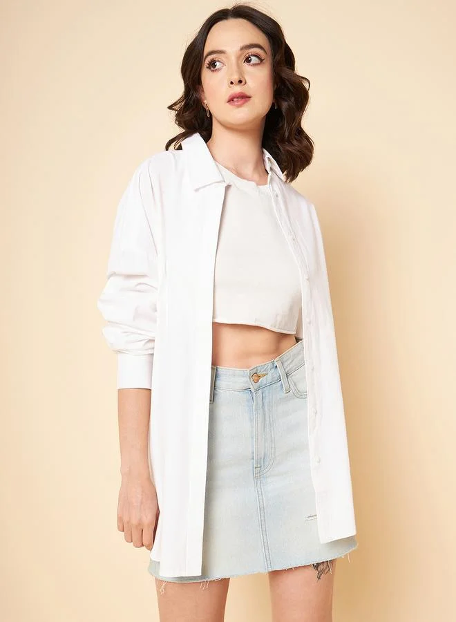 هاي ستار Women'S White 100% Cotton Solid Pattern Button Down Shirt