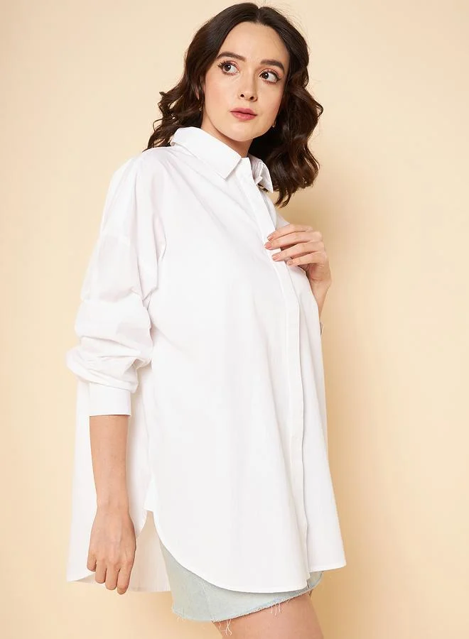 هاي ستار Women'S White 100% Cotton Solid Pattern Button Down Shirt