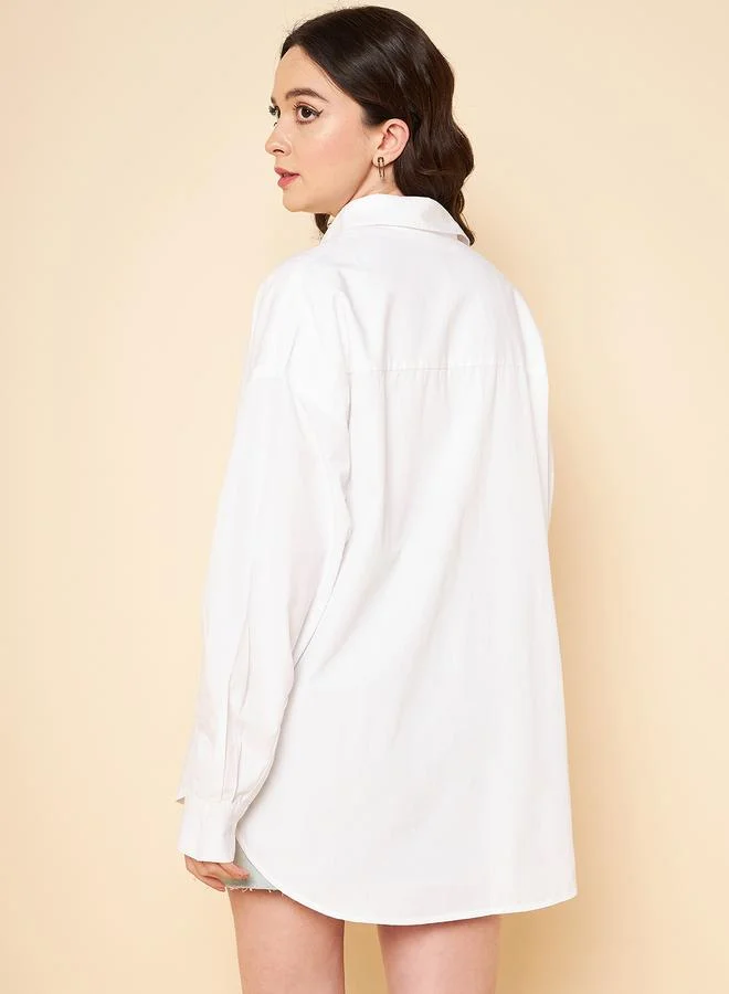 هاي ستار Women'S White 100% Cotton Solid Pattern Button Down Shirt