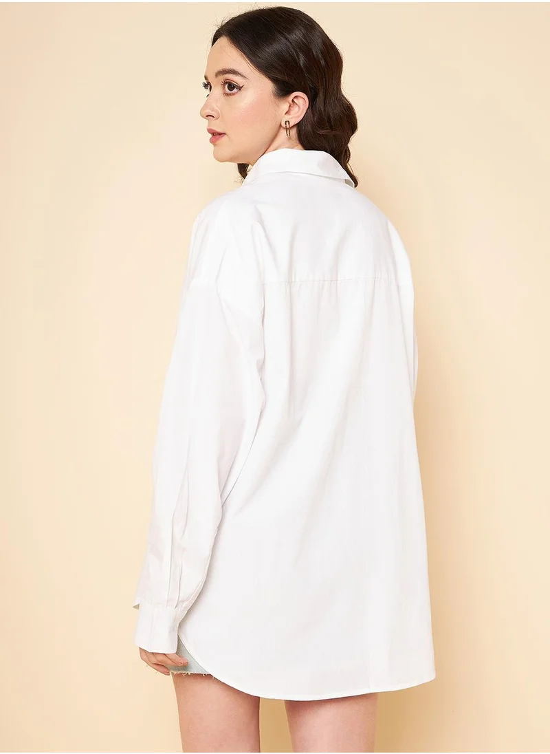 هاي ستار Oversized Solid Shirt for Women - White Cotton