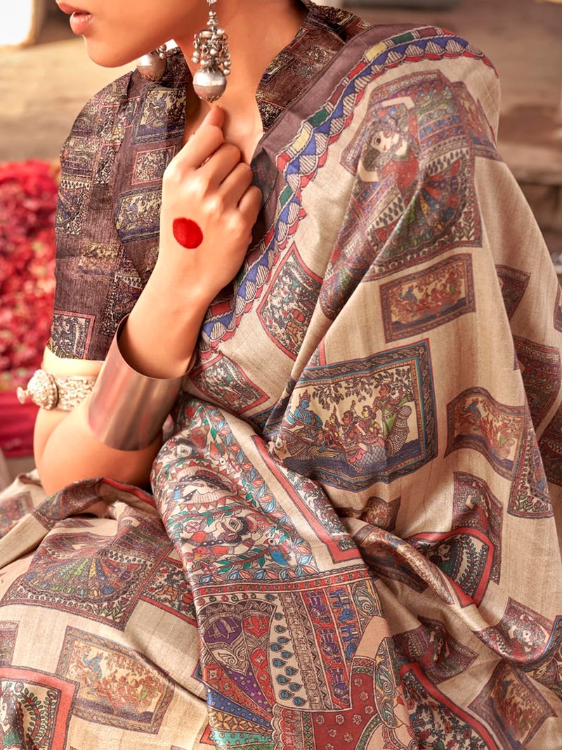 SAREE MALL Women's Banarasi Silk Madhubani Printed Saree With Unstitched Blouse Piece(Beige_PUSHPMNDI101_RS) - Image 5