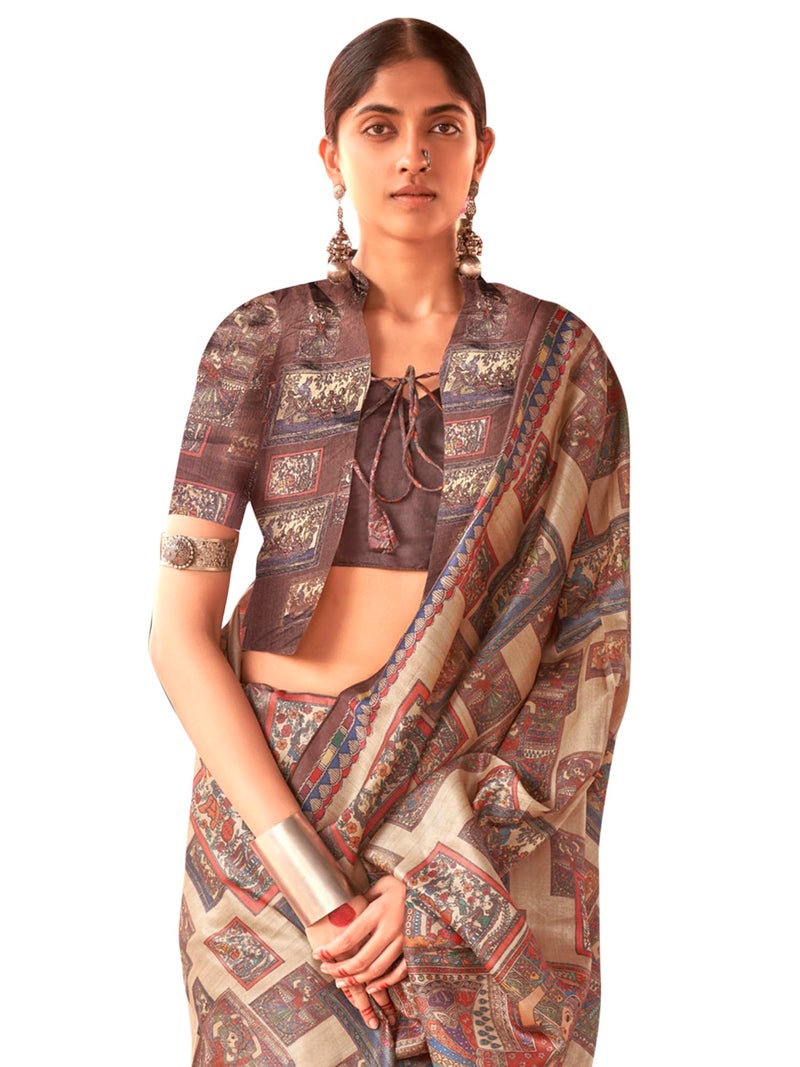 SAREE MALL Women's Banarasi Silk Madhubani Printed Saree With Unstitched Blouse Piece(Beige_PUSHPMNDI101_RS) - Image 1