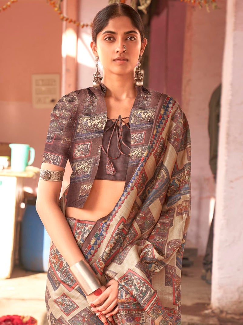 SAREE MALL Women's Banarasi Silk Madhubani Printed Saree With Unstitched Blouse Piece(Beige_PUSHPMNDI101_RS) - Image 4
