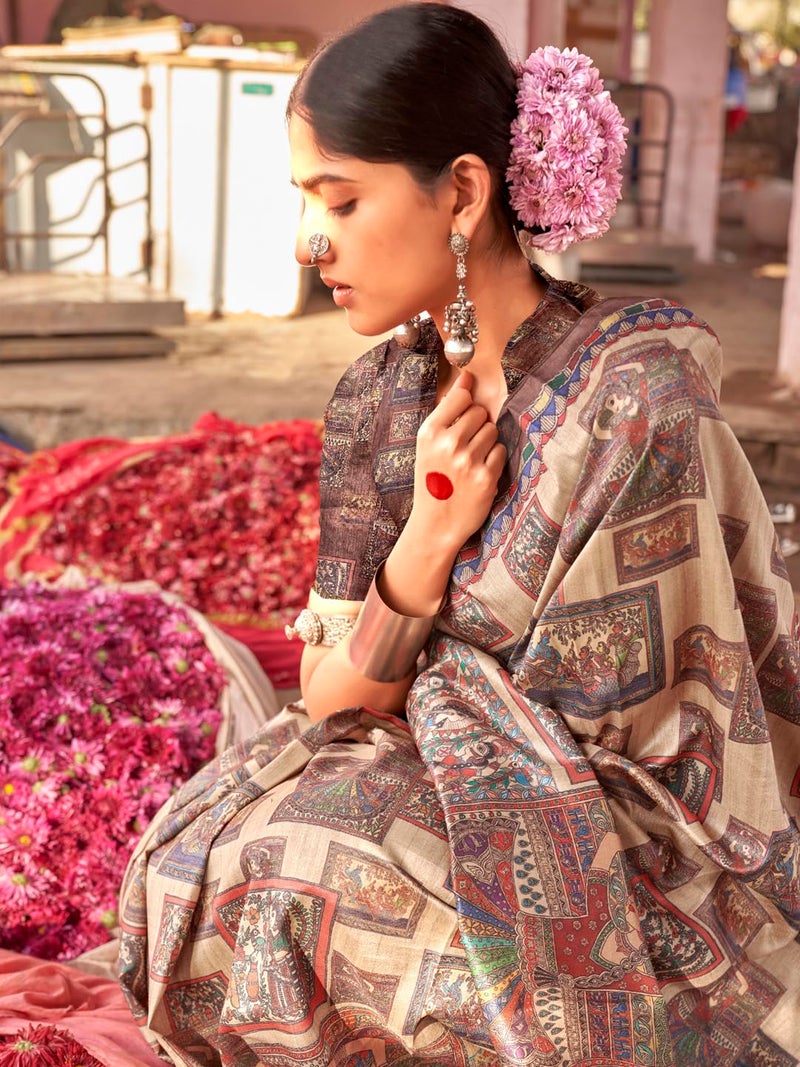 SAREE MALL Women's Banarasi Silk Madhubani Printed Saree With Unstitched Blouse Piece(Beige_PUSHPMNDI101_RS) - Image 3