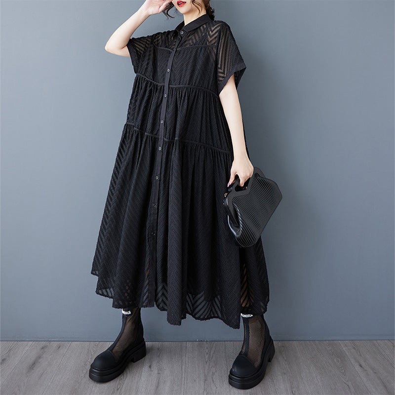 Real Shot of Summer New Style Dark Style Herringbone Texture Suspender Dress Two-Piece Loose Breathable Slim Shirt Dress Black two piece suit