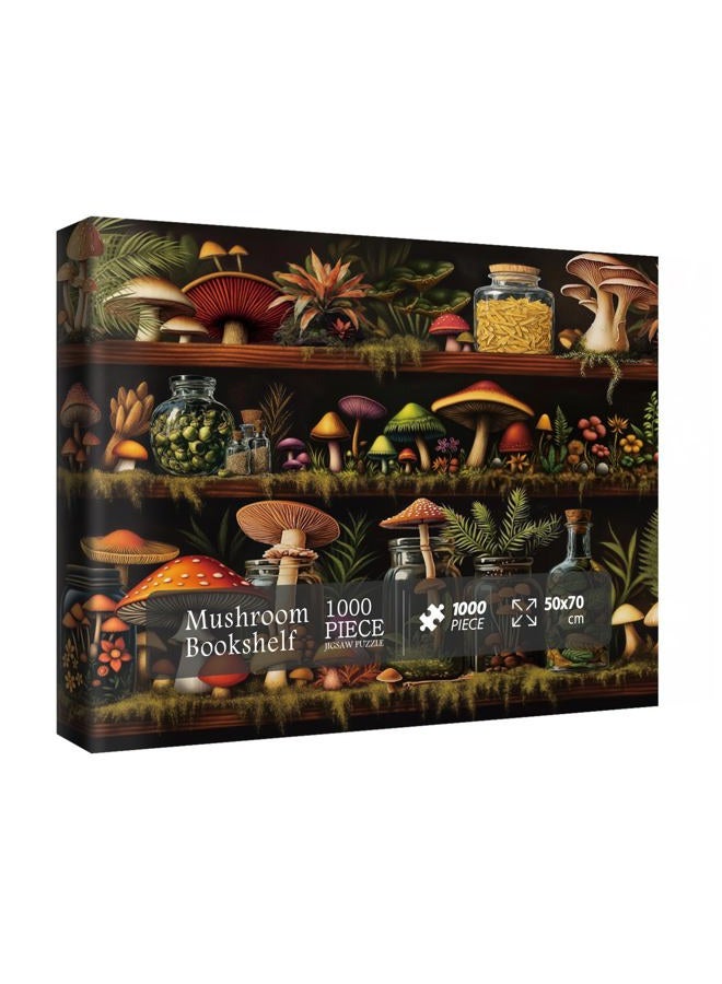 IdeaBazar Beautiful Mushroom Bookshelf Puzzles for Adults 1000 Pieces Nature, Colorful Plant Bottle Art Jigsaw Puzzles, Pretty Scenic Painting Fantasy Puzzle - Image 1
