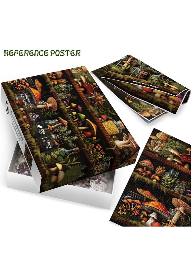 IdeaBazar Beautiful Mushroom Bookshelf Puzzles for Adults 1000 Pieces Nature, Colorful Plant Bottle Art Jigsaw Puzzles, Pretty Scenic Painting Fantasy Puzzle - Image 4