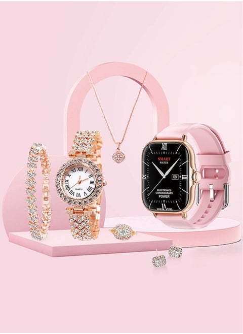 7 in 1 Ultra Watch Series 9 Smart Watch for Women and Golden Mechanical Watch with Silicon Band and 1 Golden Bracelet and 1 Pendant and 1 pair of Stud Earrings and ring (Gold)