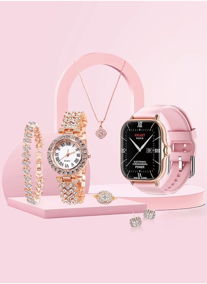 7 in 1 Ultra Watch Series 9 Smart Watch for Women and Golden Mechanical Watch with Silicon Band and 1 Golden Bracelet and 1 Pendant and 1 pair of Stud Earrings and ring (Gold)
