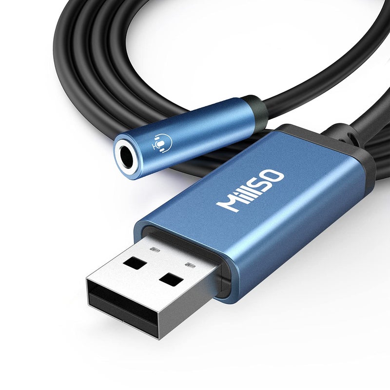 MillSO USB to 3.5mm Audio Jack Adapter, Sapphire Blue TRRS USB to AUX Audio Jack External Stereo Sound Card for Headphone, Speaker, PS4, PC, Laptop, Desktops - 3 Feet - Image 1