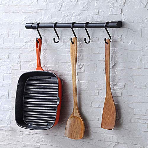 KAIYING Kitchen Utensil Rack with Removable S Hook for Hanging Pots and Pans Rod Hooks for Mugs Wall Mounted Kitchen Rail Organizer AluminumBlack5 Hooks